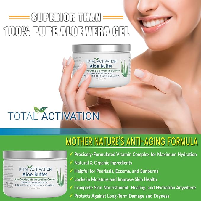 Total Activation Large 8 oz Hawaiian Aloe Vera Cream for Face, Moisturizer to use Day or Night, Anti Wrinkle Aloe Vera Lotion for Skin, Sunburn Relief, and Dry Skin