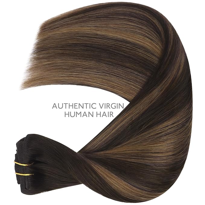 WENNALIFE Clip in Hair Extensions Real Human Hair, 16 Inch 120g 7pcs Dark Brown to Chestnut Brown Balayage Hair Extensions Clip In Human Hair Remy Real Human Hair Double Weft