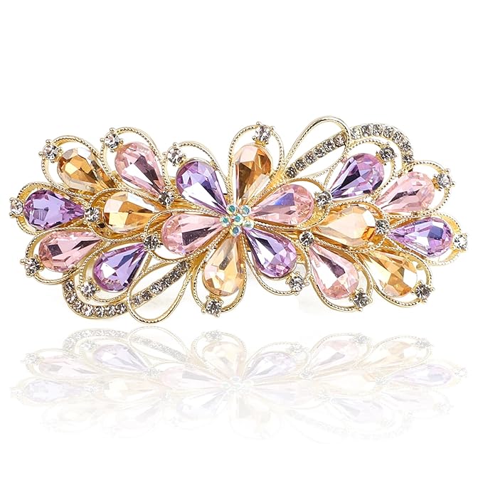 Large Gorgeous Rhinestone Hair Barrette for Women, Flower Jewelry Design (Champagne & Purple)