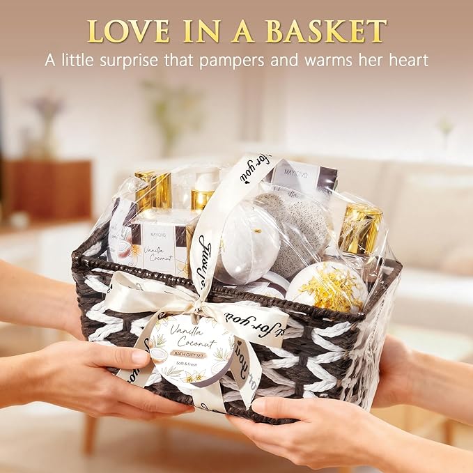 Christmas Birthday Gifts for Women, Vanilla Coconut Relaxing Spa Gift Baskets for Women Self Care Package Bath Gift Set, Home Bath and Body Kit Pampering Gifts for Womens Mom Her Friends Sister Wife