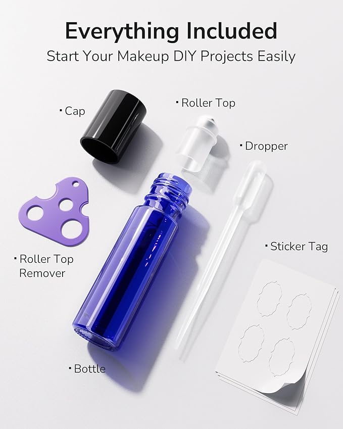ULG Essential Oil Roller Bottles 48 Pack 10ml Cobalt Blue Glass Empty Bottles with Stainless Steel Roller Balls (10 Extra Roller Balls, 4 Openers, 4 Droppers, 48 Waterproof Labels)