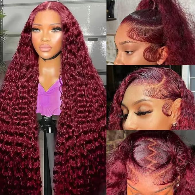 Burgundy Wig Human Hair 13x6 Deep Wave Lace Front Wigs Human Hair 200 Density 99j Burgundy HD Lace Front Wigs Pre Plucked Red Colored Glueless Wig for Women 18 Inch