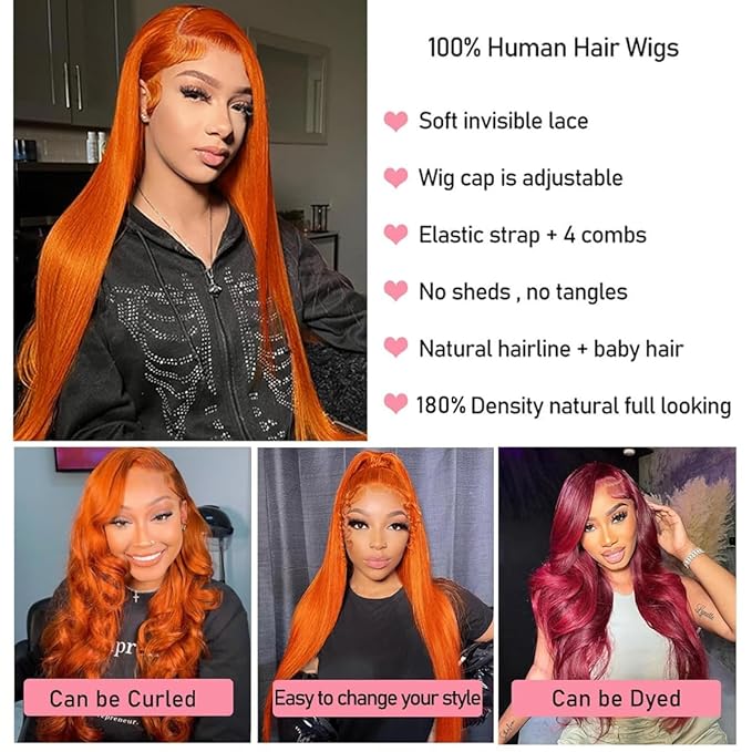 30inch 13X4 Ginger Wig Human Hair Straight Lace Front Wigs 180% Density HD Transparent Lace Frontal Glueless Pre Plucked with Baby Hair 350 Orange Colored Wig