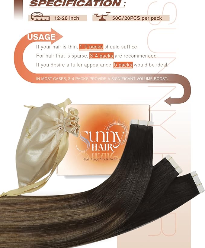 Sunny Hair Tape in Hair Extensions Real Human Hair Invisible Remy Hair Extensions Tape ins for Women Natural Black Ombre Dark Brown Balayage Ash Blonde 20 inch 20Pcs 50G