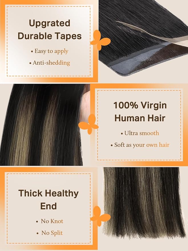 DOORES Human Hair Extensions Tape in, Balayage Natural Black to Light Blonde 22 Inch 30g 10pcs, Tape in Hair Extensions Remy Hair Extensions Straight Hair