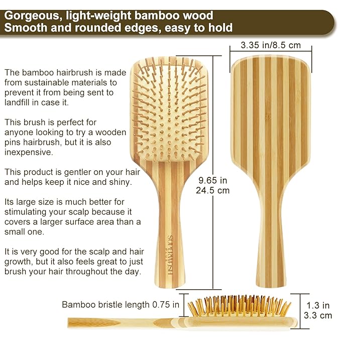 Bamboo Wood Hair Brush Large Paddle for Women, Natural Bamboo Wooden Bristles Scalp Massager, Flat Detangling Hairbrush Fit All Types Hair