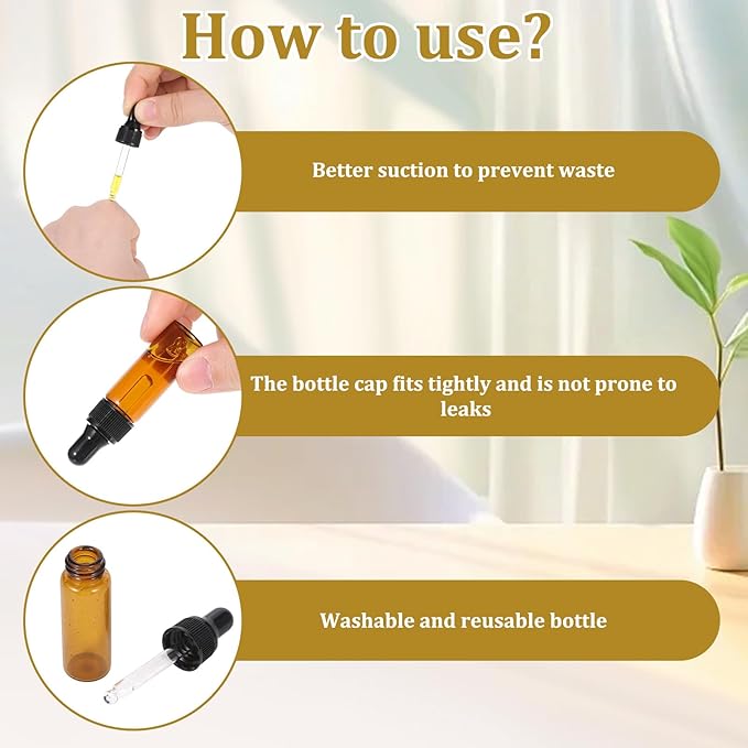 5ml Glass Dropper Bottles, 100 Pcs Amber Bottles with Black Caps, Leakproof Essential Oil Containers for DIY Perfume, Travel Liquids, Aromatherapy, Lab Sample & Hair Oil Storage