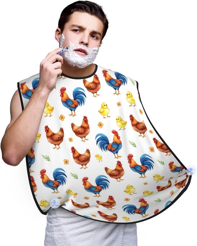 Beard Hair Catcher Bib, Waterproof Non-Stick Grooming Apron for Shaving Trimming, Perfect for Men Dad, Cute Hen Rooster Chicken Shave Bib