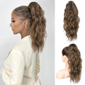 FLUFYMOOZ Ponytail Extension, 18 Inch Claw Clip Ponytail Extension, Wavy Curly Claw Clip in Ponytail Hair Extensions, Fake Ponytail Synthetic Hairpiece(Medium Brown with Medium Auburn)