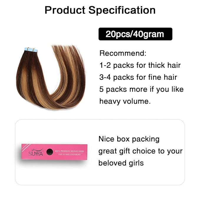 SUYYA Tape in Hair Extensions Human Hair Ombre Chocolate Brown to Caramel Blonde Remy Hair 14 inches 20pcs 40g/pack Straight Seamless Skin Weft Tape in Human Hair Extensions (14 inch #P4/27/T4)