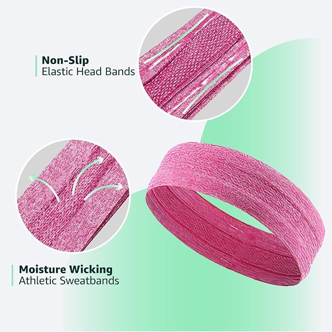 Athletic Sweat Bands Headbands for Women, Moisture Wicking Sweatbands Non-Slip Elastic Sports Hair Bands for Running, Workout, Yoga, Basketball, Tennis, Exercise