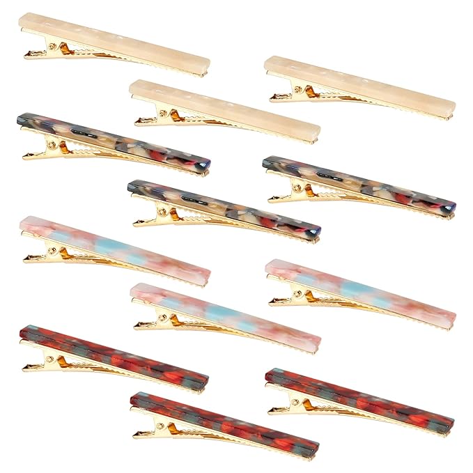 Cobahom 12 Pack Thick Hair Duckbill Metal Duck Teeth Hair Clips for Women - Chic Tortoise Shell Hair Pins in Red, White, Blue, and Pink (2.36 Inch)