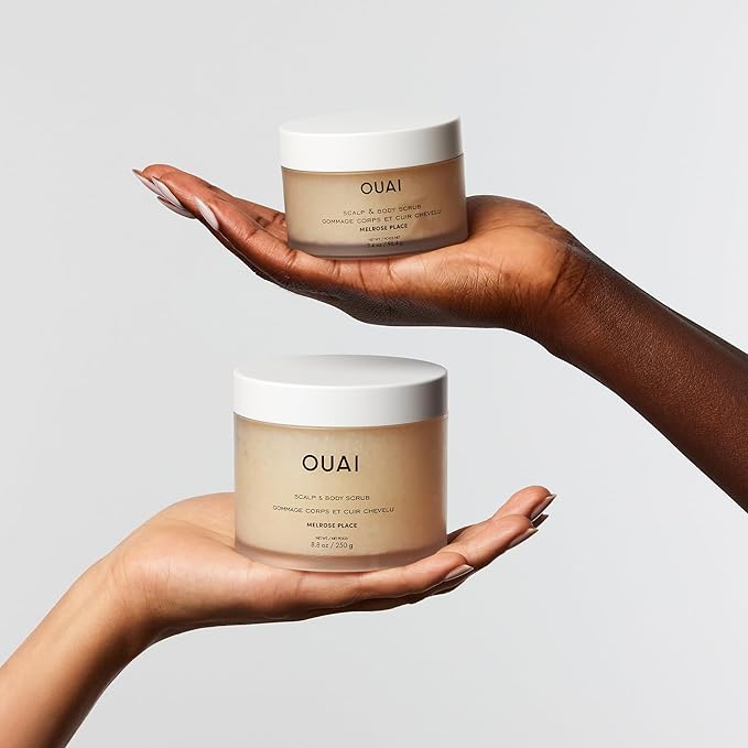OUAI Scalp & Body Scrub Travel Size, Melrose Place - Exfoliating Body Scrub with Sugar & Coconut Oil Blend for Smooth, Moisturized Skin - Gentle for Removing Product Build Up (3.4 Oz)