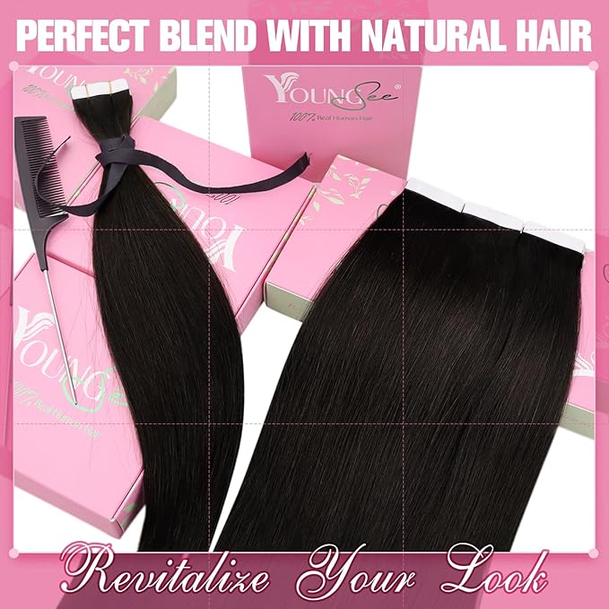 YoungSee Tape Hair Extensions Real Human Hair Brown 14inch 50g 20pcs Invisible Tape in Brown Hair Extensions for Women Human Hair Tape-in Extension Silky Straight