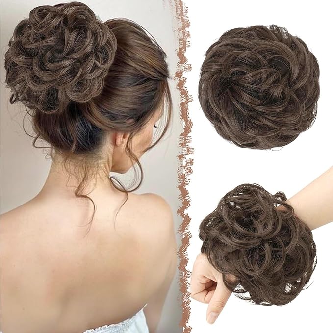 FESHFEN Messy Bun Hair Piece - Large Elastic Wavy Curly Hair Bun Scrunchies Ponytail Extensions Synthetic Chignon Hairpieces for Women, Medium Chestnut Brown 1.94oz