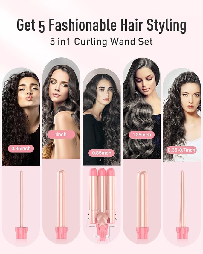 Waver Curling Iron Wand - BESTOPE PRO 5 in 1 Curling Wand Set with 3 Barrel Hair Crimper for Women, Fast Heating Crimper Wand Curler in All Hair Type, Women Gifts - Leather Pink