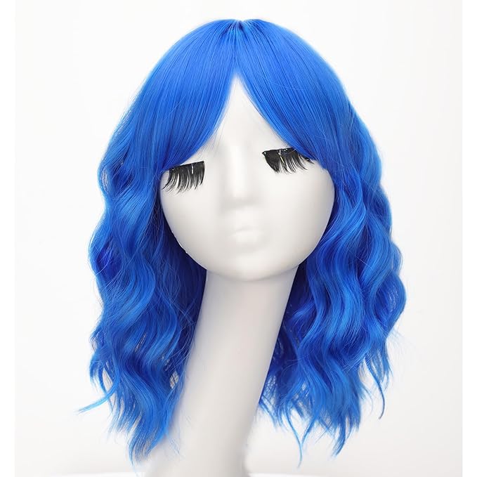 AISI HAIR Blue Synthetic Wavy Curly Bob Wig with Bangs Short Wavy Hair for Women Synthetic Heat Resistant Bob Wigs