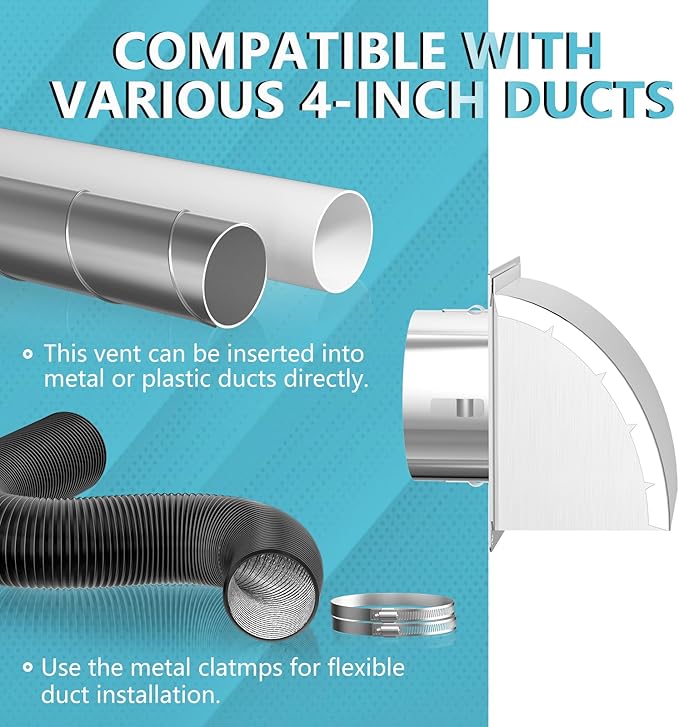 4 Inch Dryer Vent Cover Outside, HG Power Exterior Vent Cover with Removable Screen & Cushioned Non-Return Flap, Stainless Steel Air Wall Vent for House, Range Hood, AC, Opening Diameter: 3.81" Silver