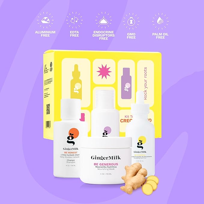 GINGER MILK Hair Growth Travel Kit | Stimulates, Hydrates & Nourishes with Ginger, Rosemary & Biotin | Includes Shampoo, Hair Mask, Heat & Sun Protector, Dropper Serum & Free Travel Bag