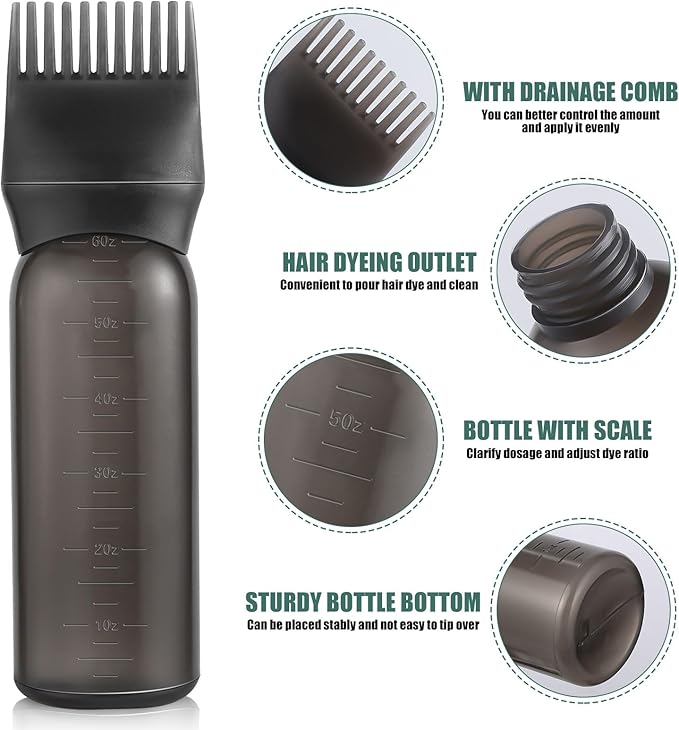 Pimoys Root Comb Applicator Bottle 6 Ounce, Oil Applicator for Hair Dye, Hair Oiling Bottle Brush with Graduated Scale, Black