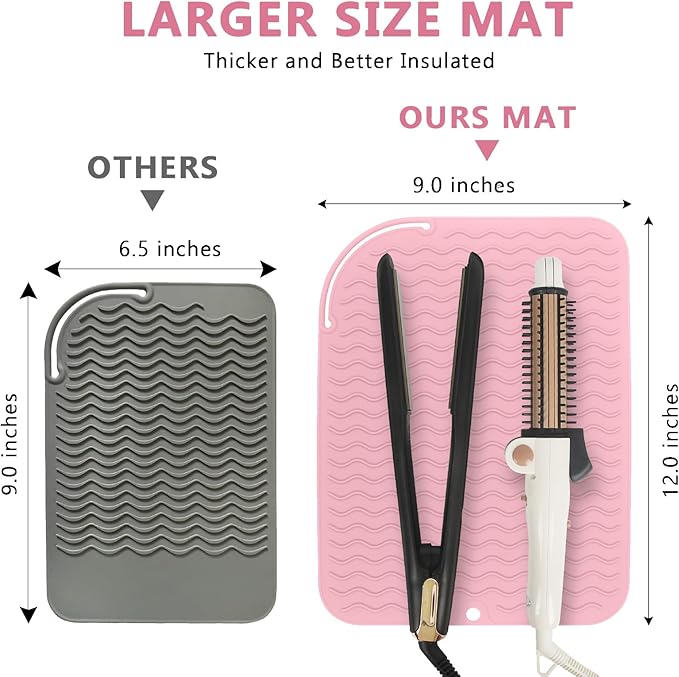 Larger Size Silicone Heat Resistant Mat for Curling Irons, Flat Irons, Hair Straightener and Other Hair Styling Tools, Portable Hot Tools Pad Cover for Travel Vanity Salon(12.0" x 9.0")