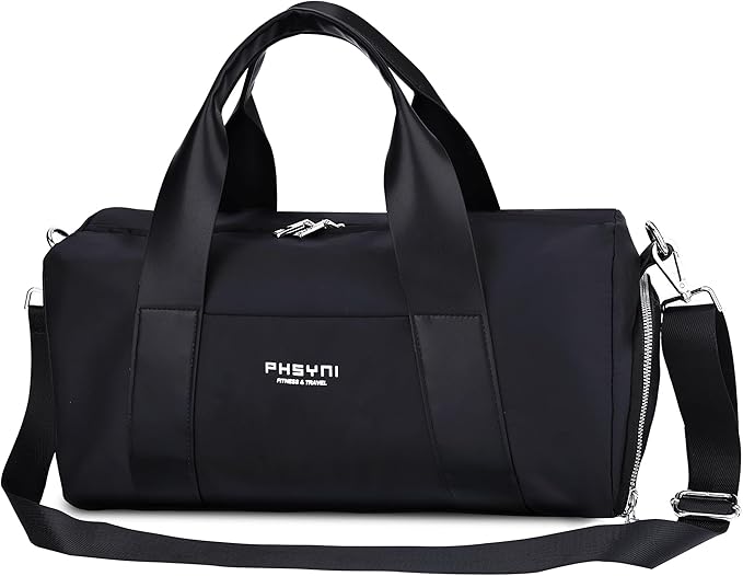 Compact Sports Gym Bag for Women & Girls and Kids, Cute Mini Duffle Bag with Wet Pocket & Shoes Compartment, Personal Item Travel Workout Bag, 16"-Small, Black