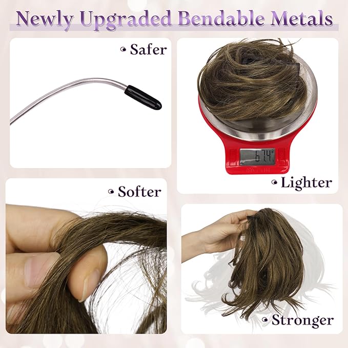 RUWISS Claw Clip Short Human Hair Ponytail Extension with Bendable Metals for DIY Styles Straight Messy Bun Hair Piece for Women Hairpieces for Daily Wear, 9 Inch Dark Brown with Blonde Highlight