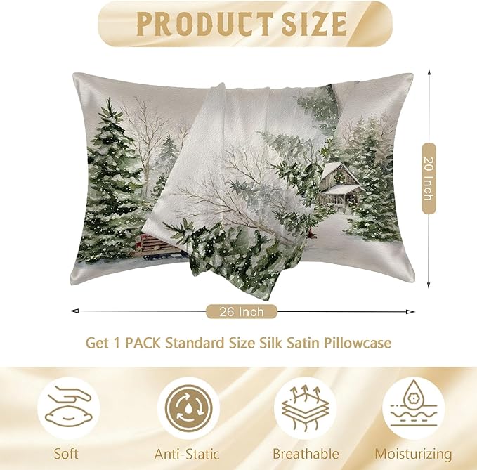 Imitation Silk Pillow Case for Hair and Skin Xmas Snowflake Vintage Red Truck 1 Pack Satin Pillow Case Standard Size with Hidden Zipper Smooth Cooling Pillow Cover for Sleeping 20”x26”