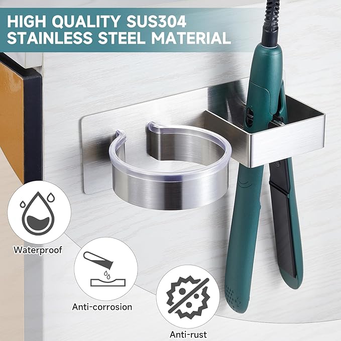 Hair Dryer Holder, Hair Tool Organizer, Stainless Steel Blow Dryer Holder Wall Mounted, Adhesive Straightener Holder, Bathroom Hair Care Styling for Flat Iron,Curling Iron,Hairdryer