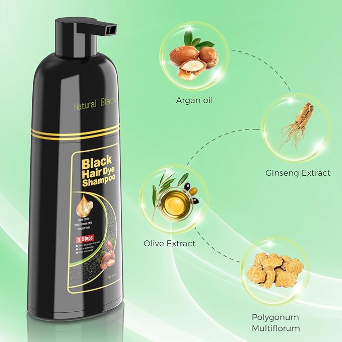 Black Hair Dye Shampoo for Woman & Man, Argan Hair Color Shampoo 3 in 1, Semi-Permanent Gray Hair Coverage, Mild Formula, Lasts 30 Days(16.90 oz)