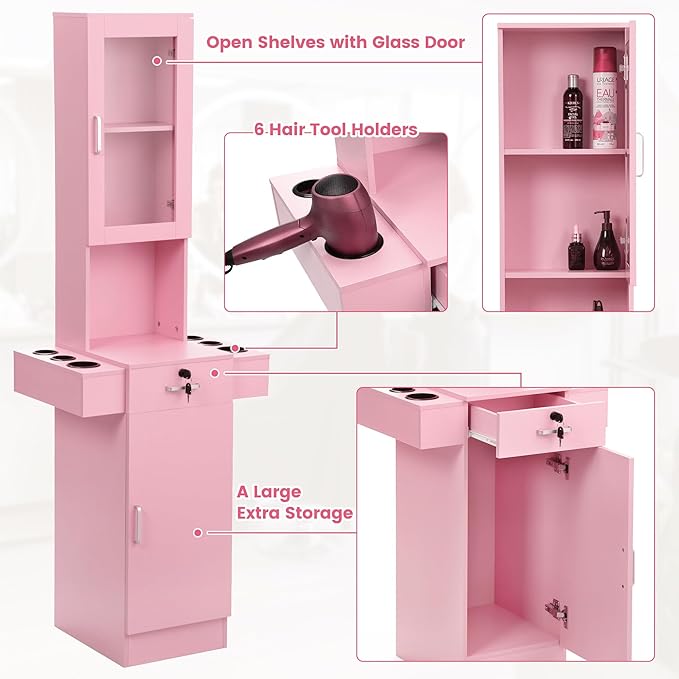 Salon Station for Hair Stylist,Hair Styling Storage Cabinet with Glass Door,Tool Dryer Holders, Salon Beauty Spa Barber Hair Staion, Pink
