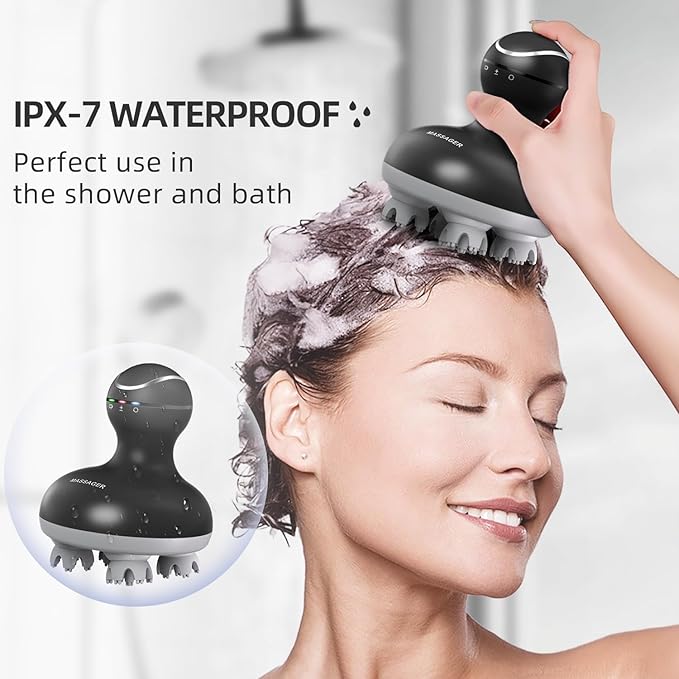 cotsoco Electric Scalp Head Massager, Scalp Hair Massage Waterproof Head Massager with 4 Heads 84 Nodes for Hair Growth and Stress Release Massage Black