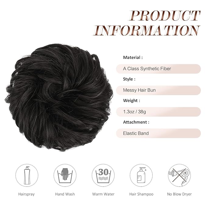 FESHFEN Messy Bun Hair Piece - Elastic Wavy Curly Hair Bun Scrunchies Extensions Synthetic Chignon Hairpieces for Women Girls, Black Brown 1.5 oz