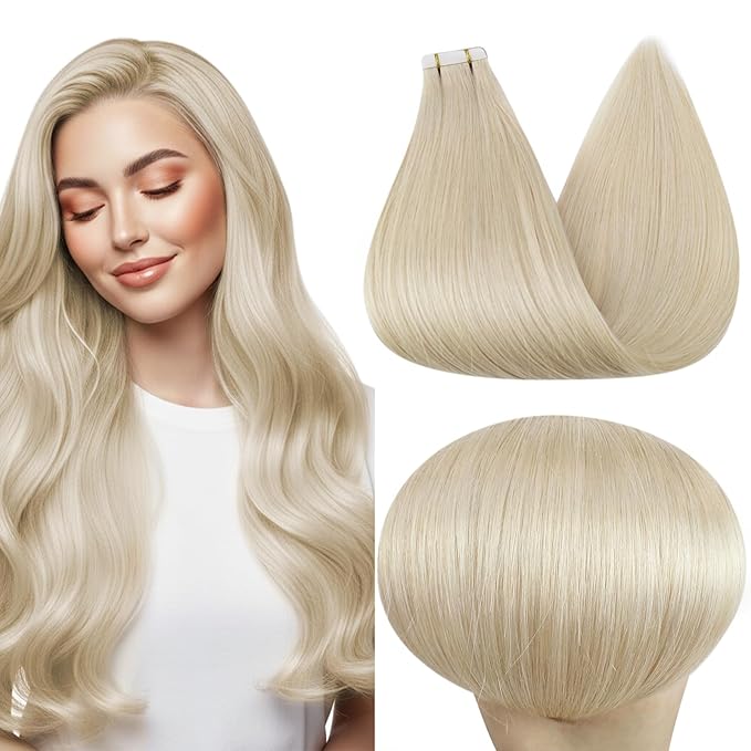 Full Shine Blonde Tape in Hair Extensions Human Hair 20Inch Tape in Extensions Color 60 Bleach Blonde Double Sided Tape 20Pcs Seamless Skin Weft Remy Natural Hair Extensions Tape ins 50G Brazilian