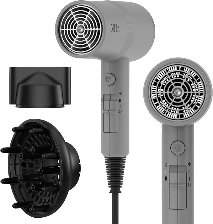 AINA Hair Dryer with Diffuser, Blow Dryer for Women | Advanced Ionic Technology, Ceramic Coating | Cold Shot Features Turbo Heat for Fast Drying and Shine 110V/ALCI (Ash Grey)