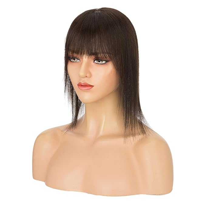 Hairro Human Hair Toppers with Wispy Bangs, 3D 360° Seamless Real Hair Toppers, Hand-Tied with 3.5"x4.7" U-shaped Base, Clip-In Hairpieces to Add Volume on Top, 12 Inch Dark Brown
