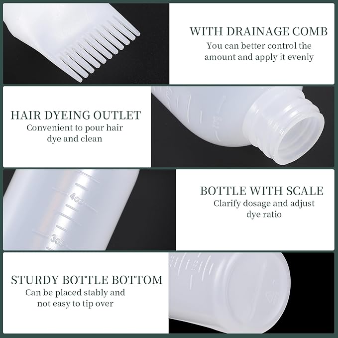 Pimoys Root Comb Applicator Bottle 6 Ounce, Oil Applicator for Hair Dye, Hair Oiling Bottle Brush with Graduated Scale, White