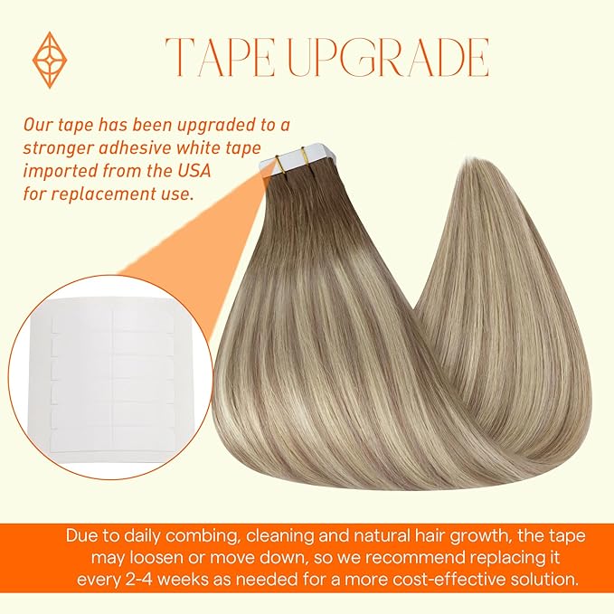 Full Shine Tape in Hair Extensions Human Hair 16Inch Seamless Tape in Extensions Color 8 Light Brown Ombre 60 Platinum Blonde and 18 Ash Blonde Remy Hair Extensions Tape ins 20Pcs 50G for Bridal