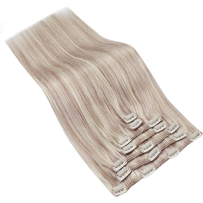 Ve Sunny 18inch Clip in Hair Extensions Real Human Hair Ash Blonde Highlight Bleach Blonde Clip in Human Hair Extensions for Women Soft Thick Straight 120g 7pcs