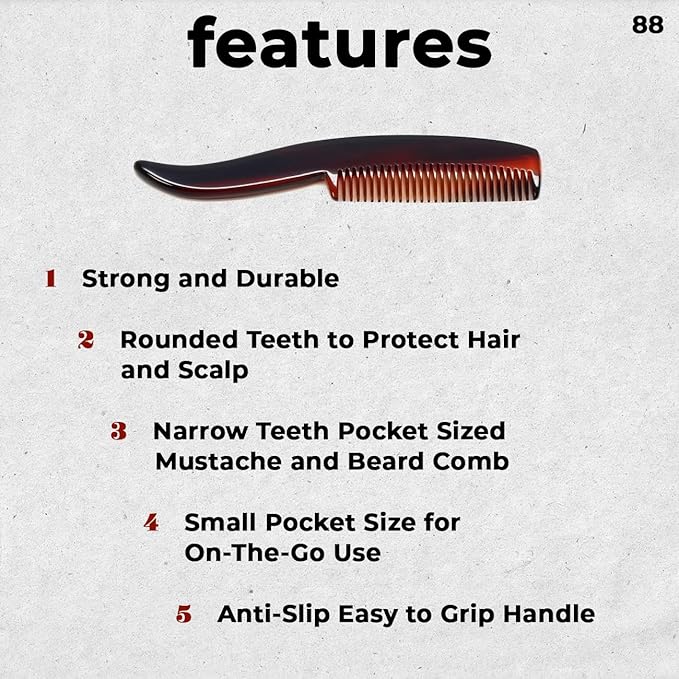 #88 Handmade Narrow Tooth Mustache Beard Comb Small Tortoise Havana Acetate Thick Coarse Fine Short Pocket Sized Facial Hair Grooming Tangle Free Beard Straightener Growth Care Styling Wet Comb