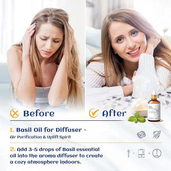 HIQILI 1 Fl Oz Basil Essential Oil, 100% Pure Undiluted for Skin, Diffuser - 30ml