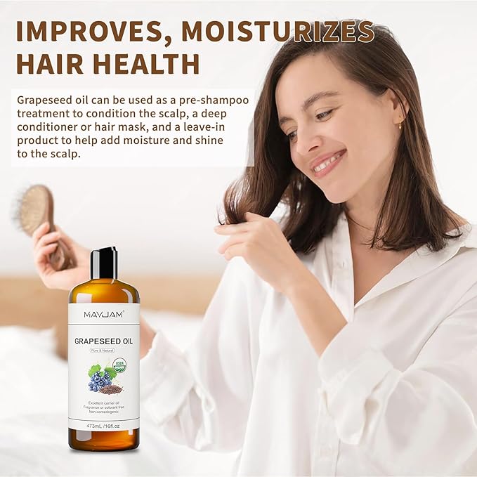 MAYJAM Organic Grapeseed Oil for Skin & Hair 16 oz, USDA Certified 100% Pure & Natural Grape Seed Oils, Cold Pressed Body Massage Carrier Oil for Skin Face Essential Oils Mixing, Hexane Free