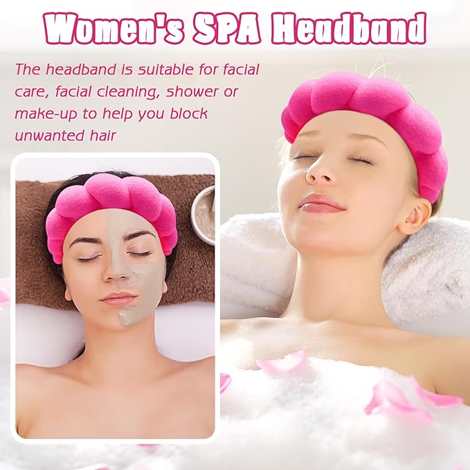 Zkptops Spa Headband for Washing Face Wristband Set Sponge Makeup Skincare Terry Cloth Bubble Soft Get Ready Hairband for Women Girl Puffy Padded Headwear Non Slip Thick Hair Accessory(Hot Pink)