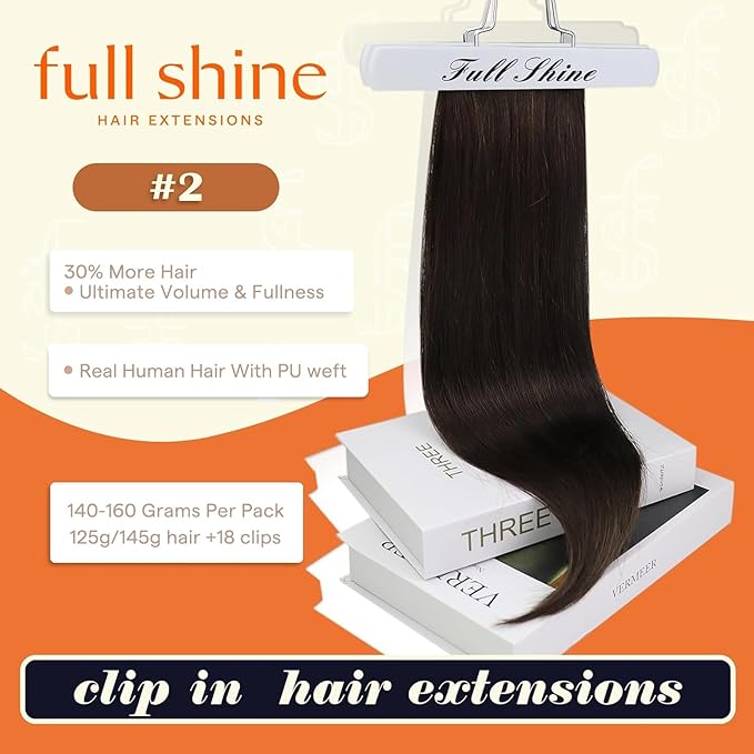 Full Shine Clip in Hair Extensions 20 inch 150g 8Pcs Seamless Clip ins Human Hair Dark Brown Remy Hair Clip ins for Women PU Skin Weft