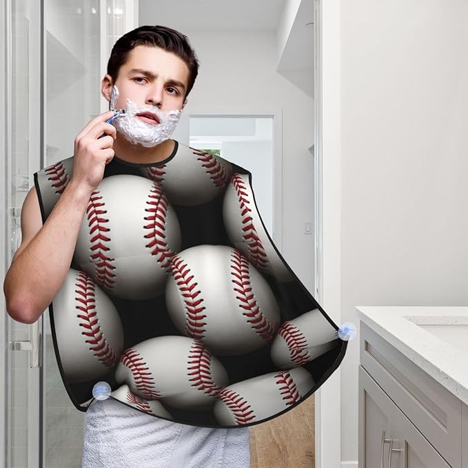 Beard Bib with 3 Suction Cups, Non-Stick Waterproof Hair Catcher Apron, Men's Shaving Essential for Grooming, Cool Baseball Shave Bib
