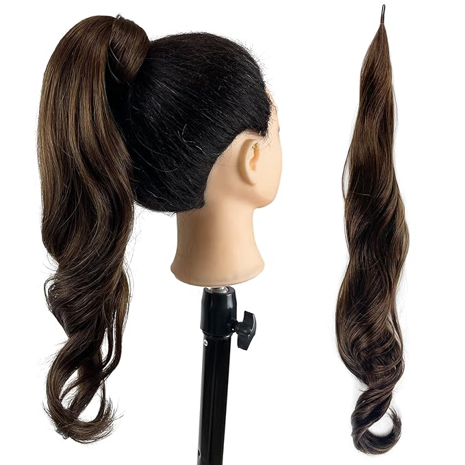 Chicmoi Brown Ponytail Extainson 32 Inch Flexible Wrap Around Ponytail Hair Extension Long Wavy Pony Tails hair Extension Synthetic Hairpieces For Women and Girls