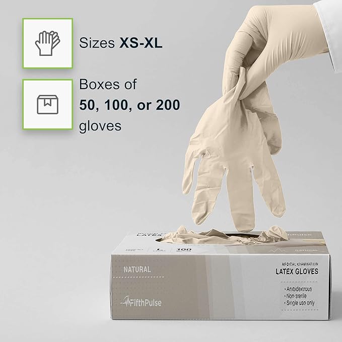 FifthPulse Medical Examination Latex Gloves - Extra Thick 4.5 Mil, Natural Color, Powder Free Disposable Gloves