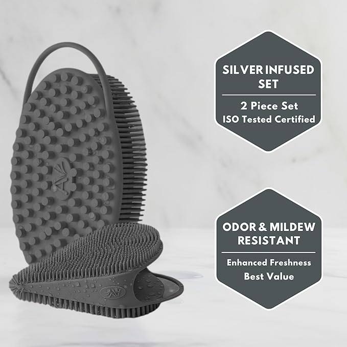 Silver Infused Body Face Scrubber Set - 2 Pack Premium Shower Brush Kit - Avilana Advanced Material Bath Loofah Alternative Complete Skincare System - Luxury Gift Set Women Men