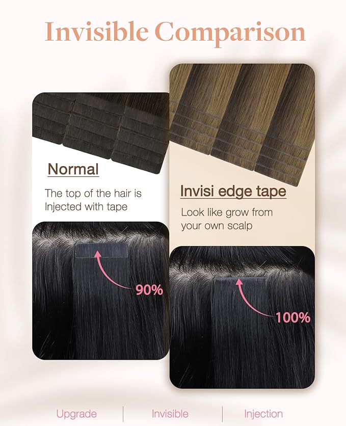 GOO GOO Invisi Edge Tape in Hair Extensions Human Hair, 2C/4E/6C Brown Sugar Swirl Highlights 10pcs injected with 10pcs classical tape ins, 24inch 50g, Virgin Remy Hair, Natural Look