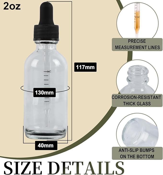 48 Pack, 2oz Glass Dropper Bottle, Preety Texture Tincture Bottles with Precise Scales Eye Droppe, for All Kinds Of Mixed Liquids,Leak-Proof Design for Easy Travel (Clear)
